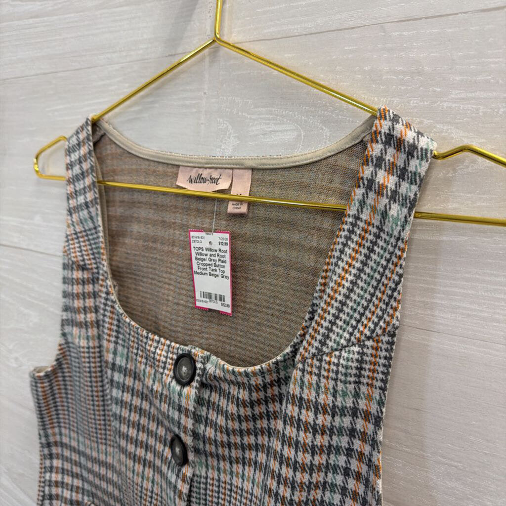 Willow and Root Beige/ Grey Plaid Cropped Button Front Tank Top Medium