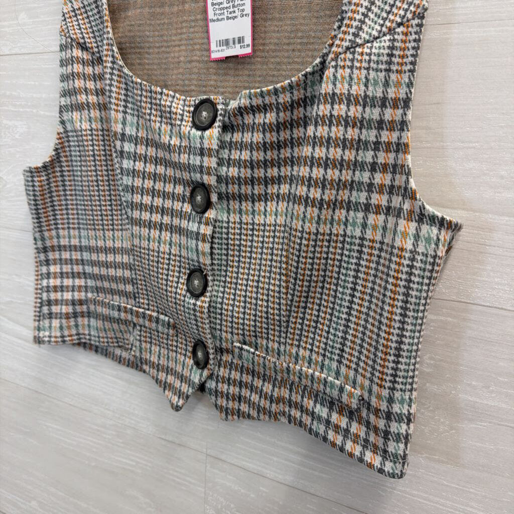 Willow and Root Beige/ Grey Plaid Cropped Button Front Tank Top Medium