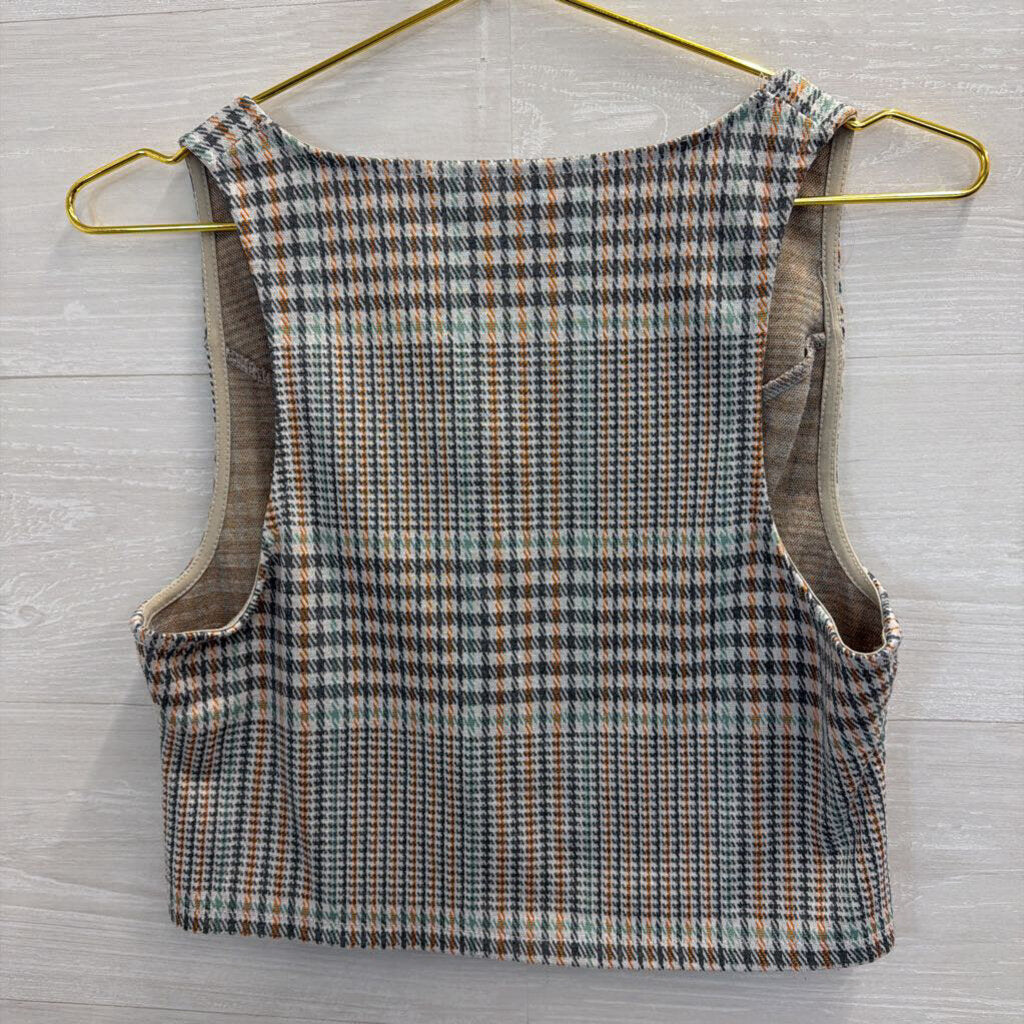 Willow and Root Beige/ Grey Plaid Cropped Button Front Tank Top Medium