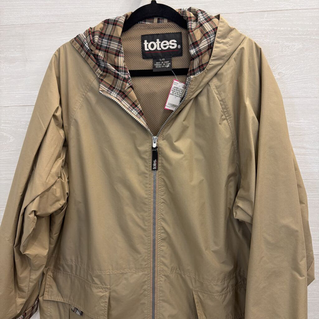 Totes Brown Plaid Detail Long Sleeve Zip Up Hooded Jacket Large