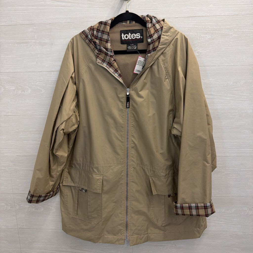 Totes Brown Plaid Detail Long Sleeve Zip Up Hooded Jacket Large