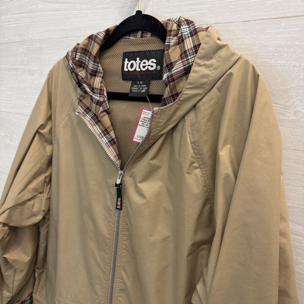 Totes Brown Plaid Detail Long Sleeve Zip Up Hooded Jacket Large