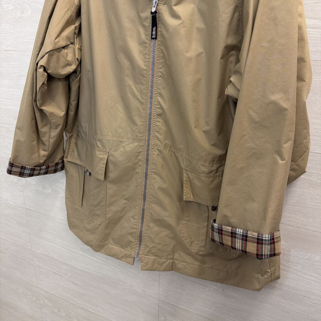 Totes Brown Plaid Detail Long Sleeve Zip Up Hooded Jacket Large