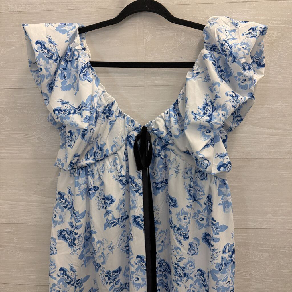 White/ Blue Floral Print Short Puff Sleeve Dress Small