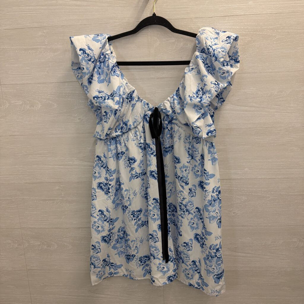 White/ Blue Floral Print Short Puff Sleeve Dress Small
