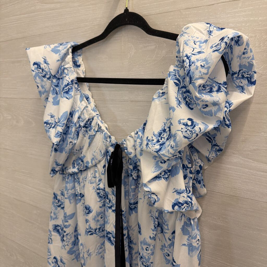 White/ Blue Floral Print Short Puff Sleeve Dress Small