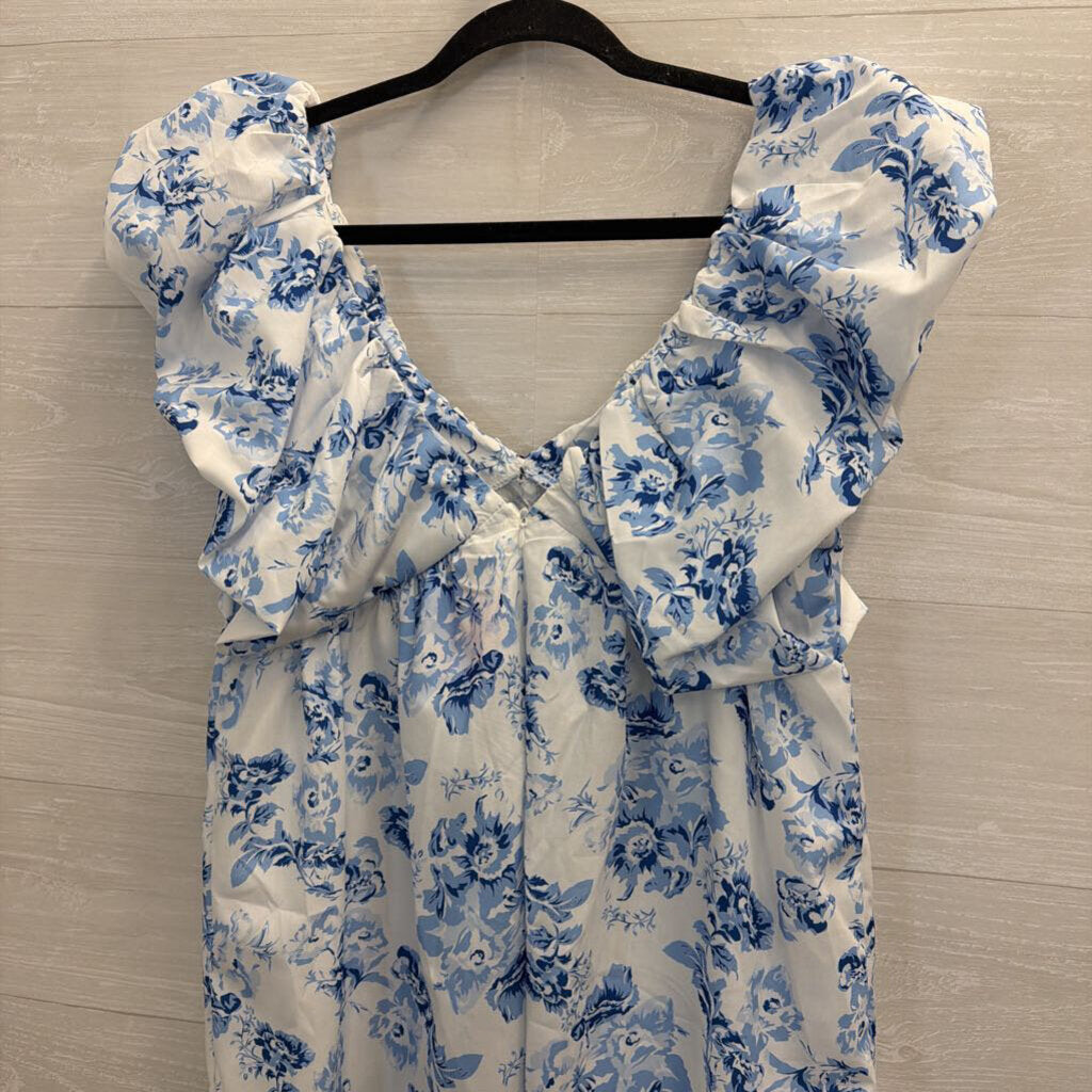 White/ Blue Floral Print Short Puff Sleeve Dress Small
