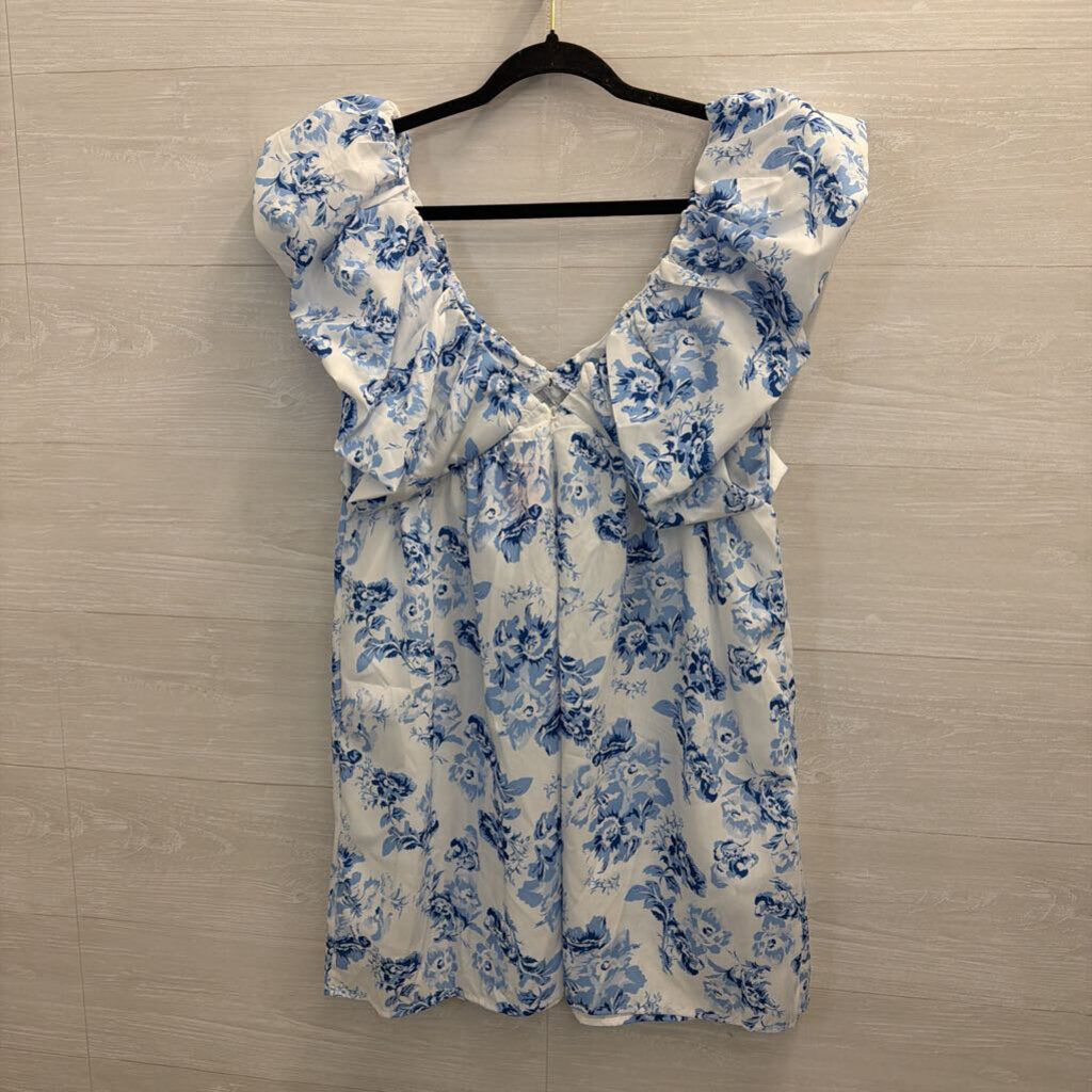 White/ Blue Floral Print Short Puff Sleeve Dress Small