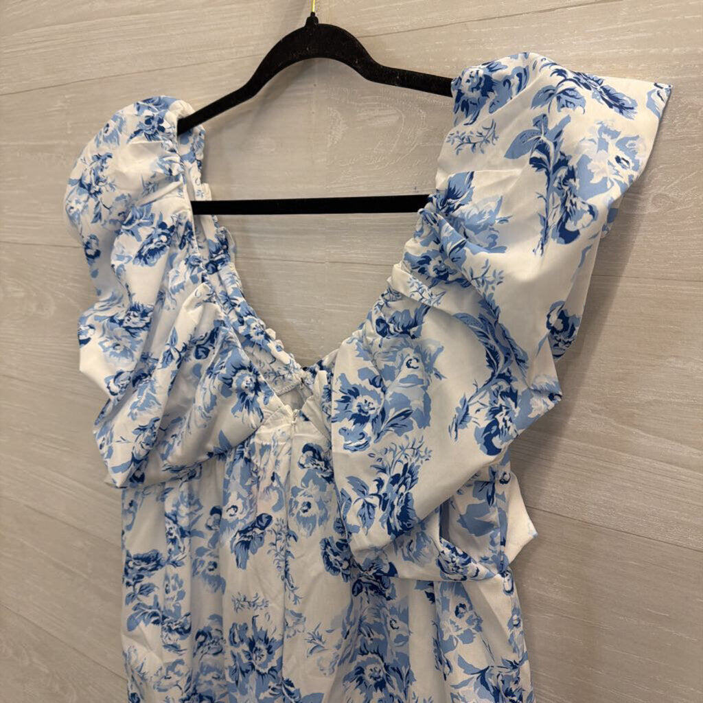 White/ Blue Floral Print Short Puff Sleeve Dress Small