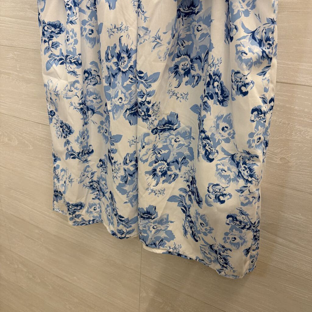 White/ Blue Floral Print Short Puff Sleeve Dress Small