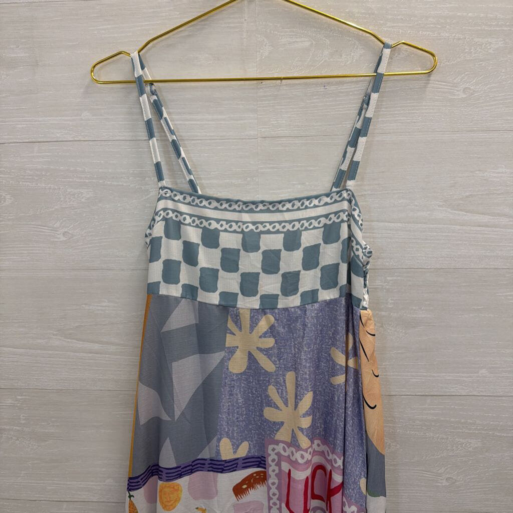 White/ Multi Print Sleeveless Maxi Dress Small