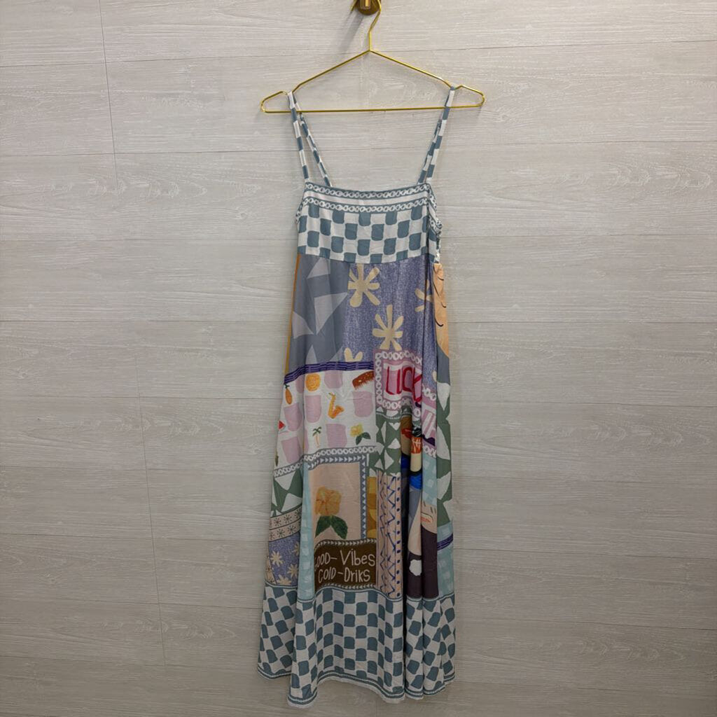 White/ Multi Print Sleeveless Maxi Dress Small