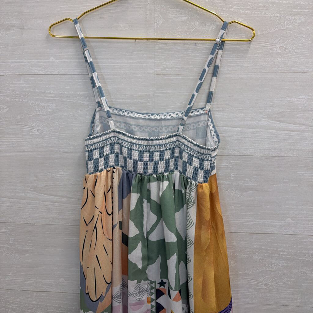 White/ Multi Print Sleeveless Maxi Dress Small