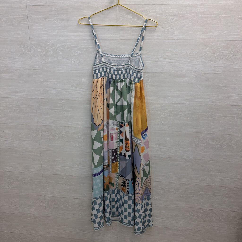 White/ Multi Print Sleeveless Maxi Dress Small