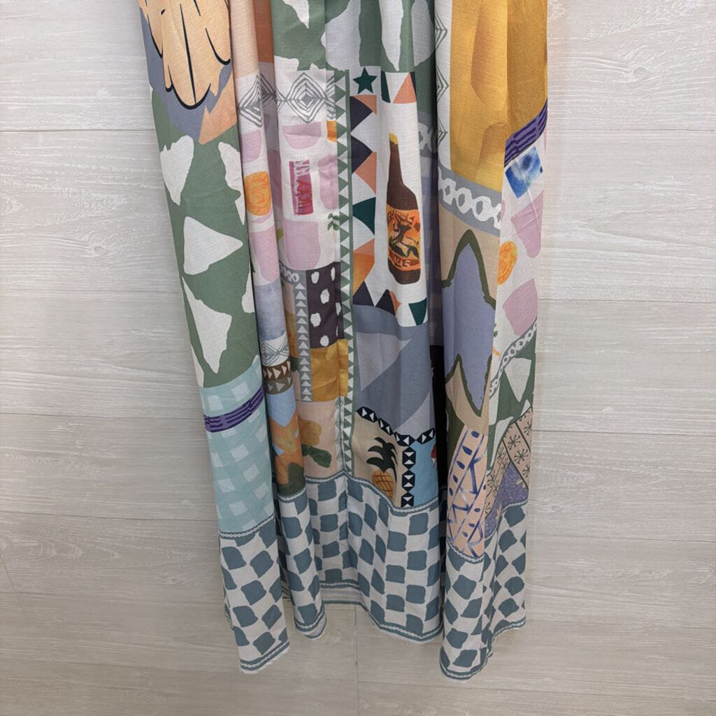 White/ Multi Print Sleeveless Maxi Dress Small