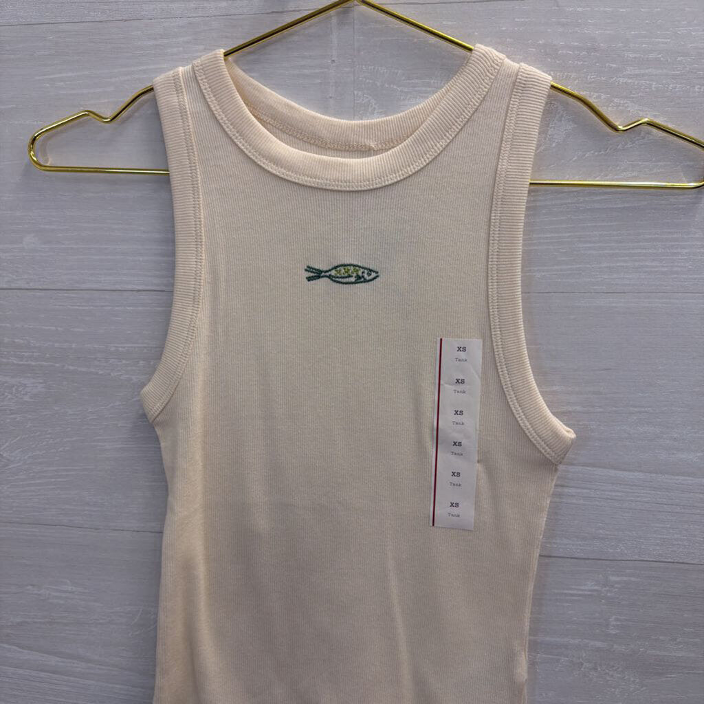 A New Day Cream/ Green Embroidered Fish Tank Top Extra Small