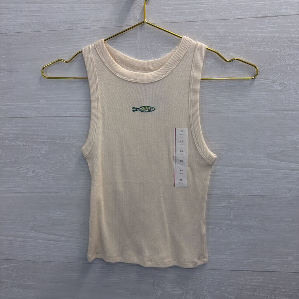 A New Day Cream/ Green Embroidered Fish Tank Top Extra Small