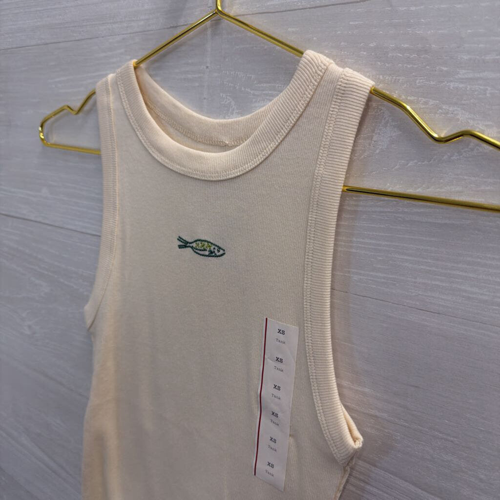 A New Day Cream/ Green Embroidered Fish Tank Top Extra Small