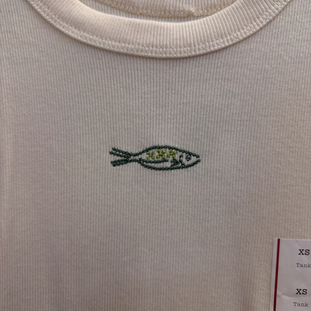 A New Day Cream/ Green Embroidered Fish Tank Top Extra Small