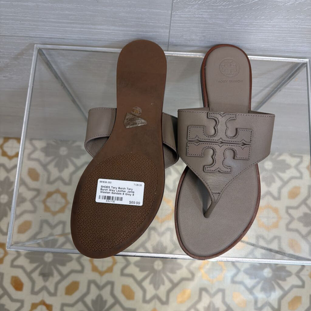Tory Burch Grey Leather Jamie Weston Sandals 8