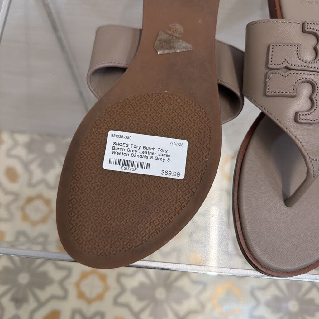 Tory Burch Grey Leather Jamie Weston Sandals 8