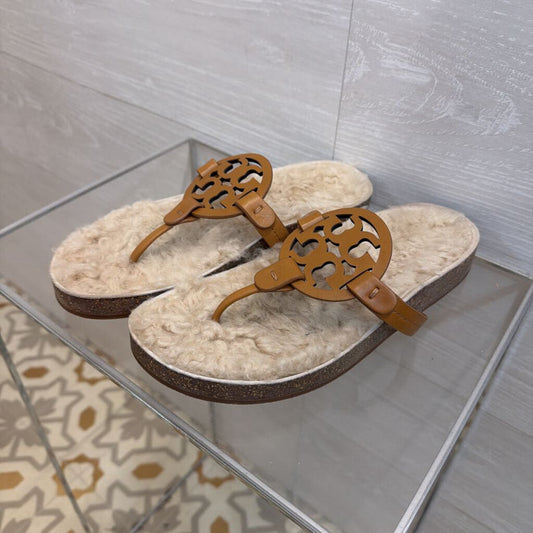 Tory Burch Brown Miller Cloud Shearling Sandals 8