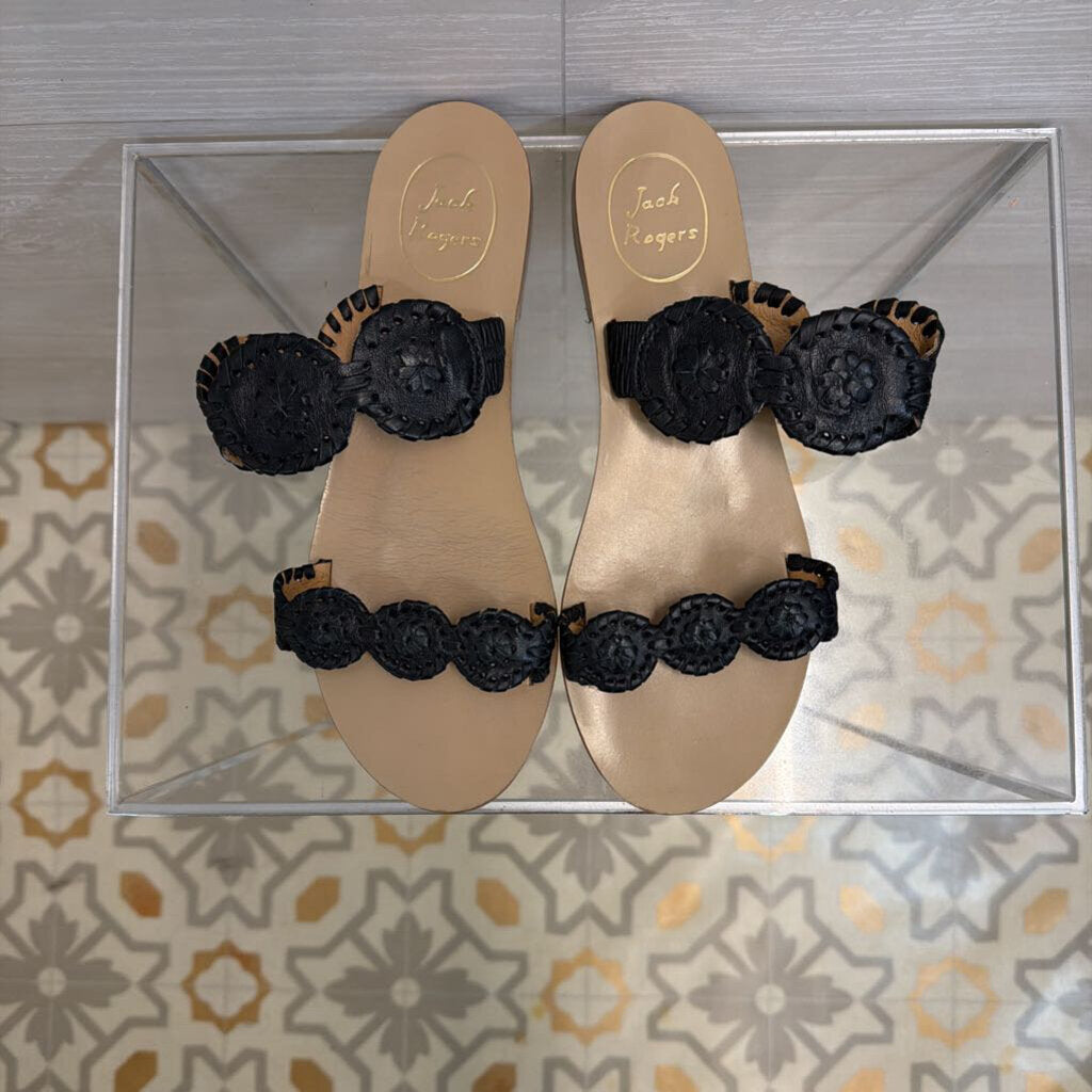 Jack Rogers Black Leather Lauren Slide Sandals 8