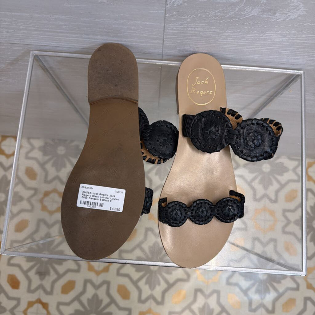 Jack Rogers Black Leather Lauren Slide Sandals 8