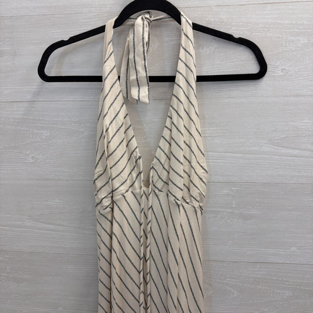White/ Black Striped Print Halter Neck Maxi Dress Large