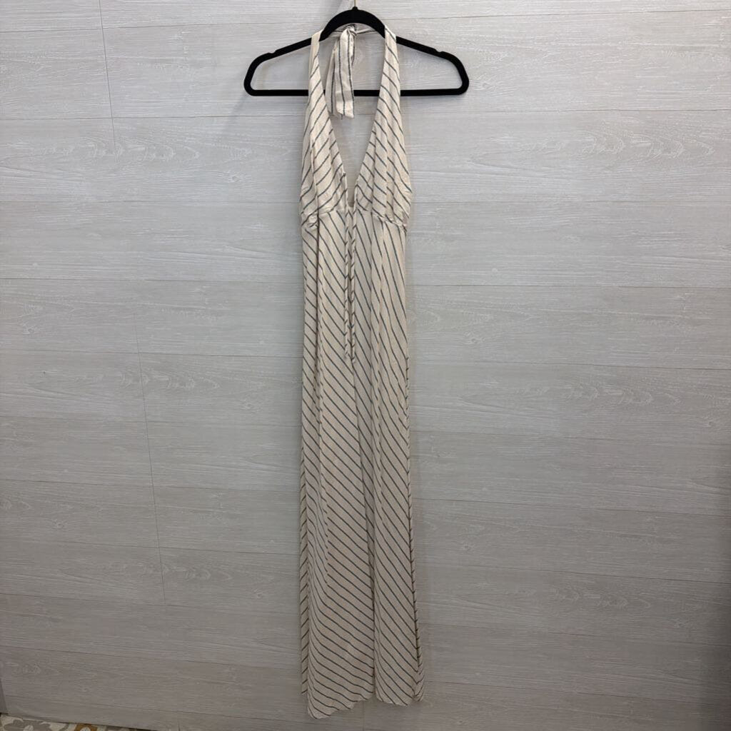 White/ Black Striped Print Halter Neck Maxi Dress Large