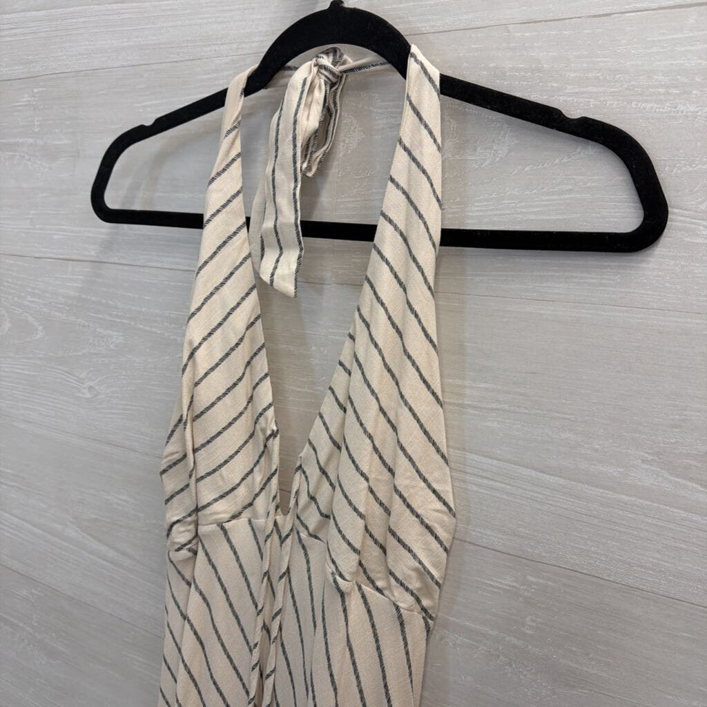 White/ Black Striped Print Halter Neck Maxi Dress Large