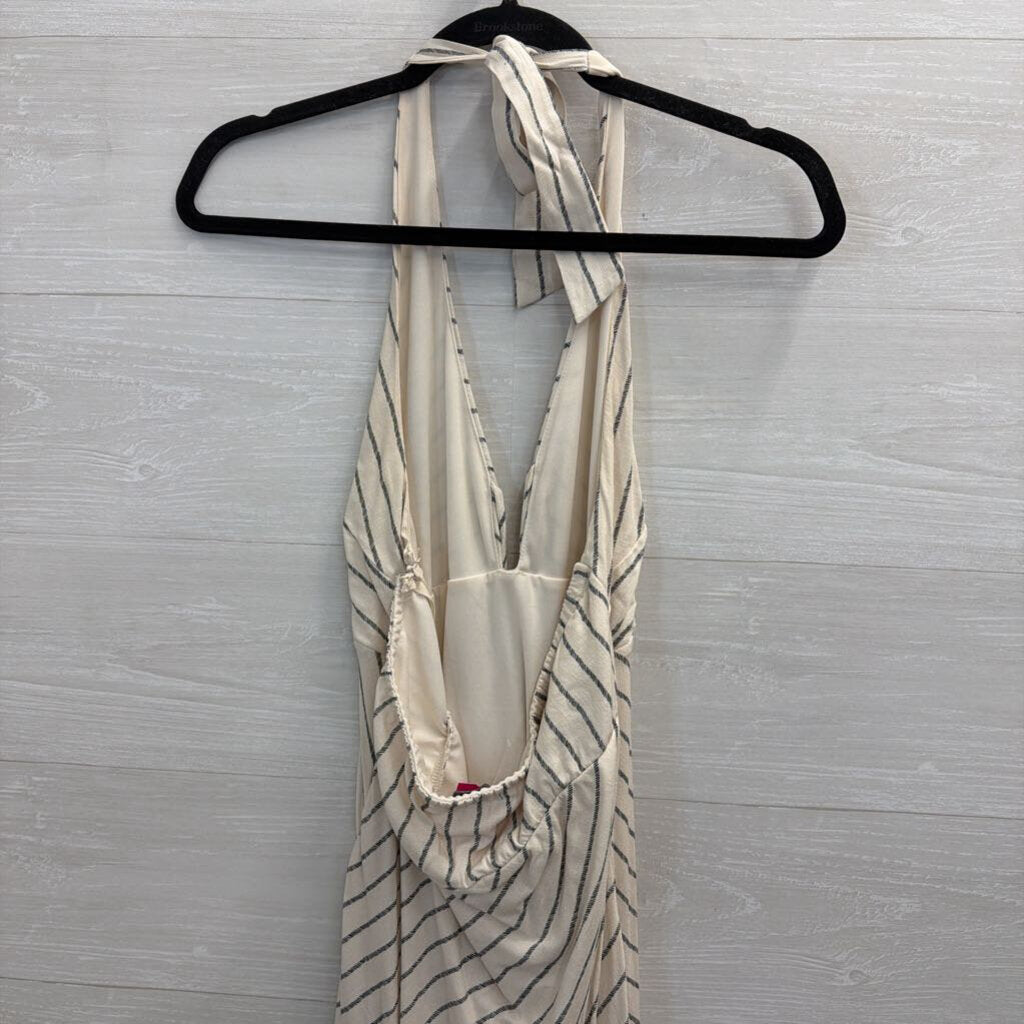 White/ Black Striped Print Halter Neck Maxi Dress Large