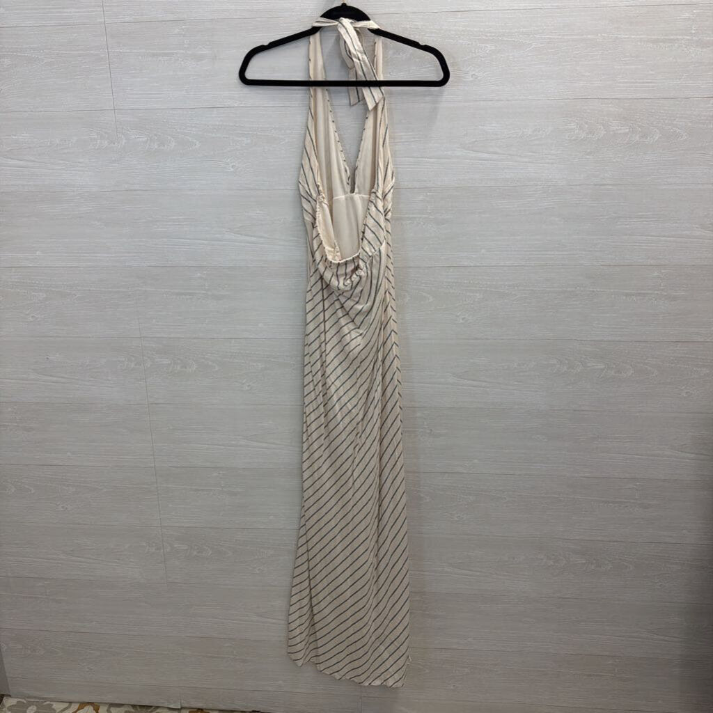 White/ Black Striped Print Halter Neck Maxi Dress Large