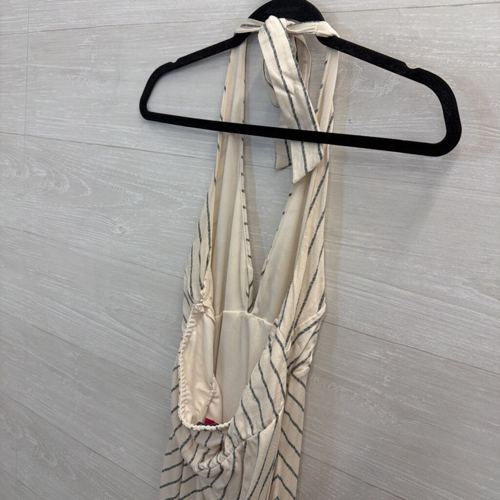 White/ Black Striped Print Halter Neck Maxi Dress Large