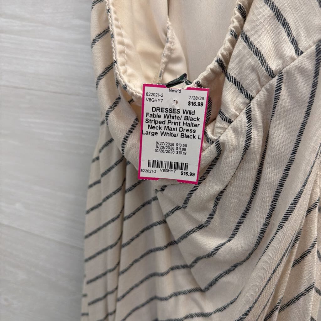 White/ Black Striped Print Halter Neck Maxi Dress Large