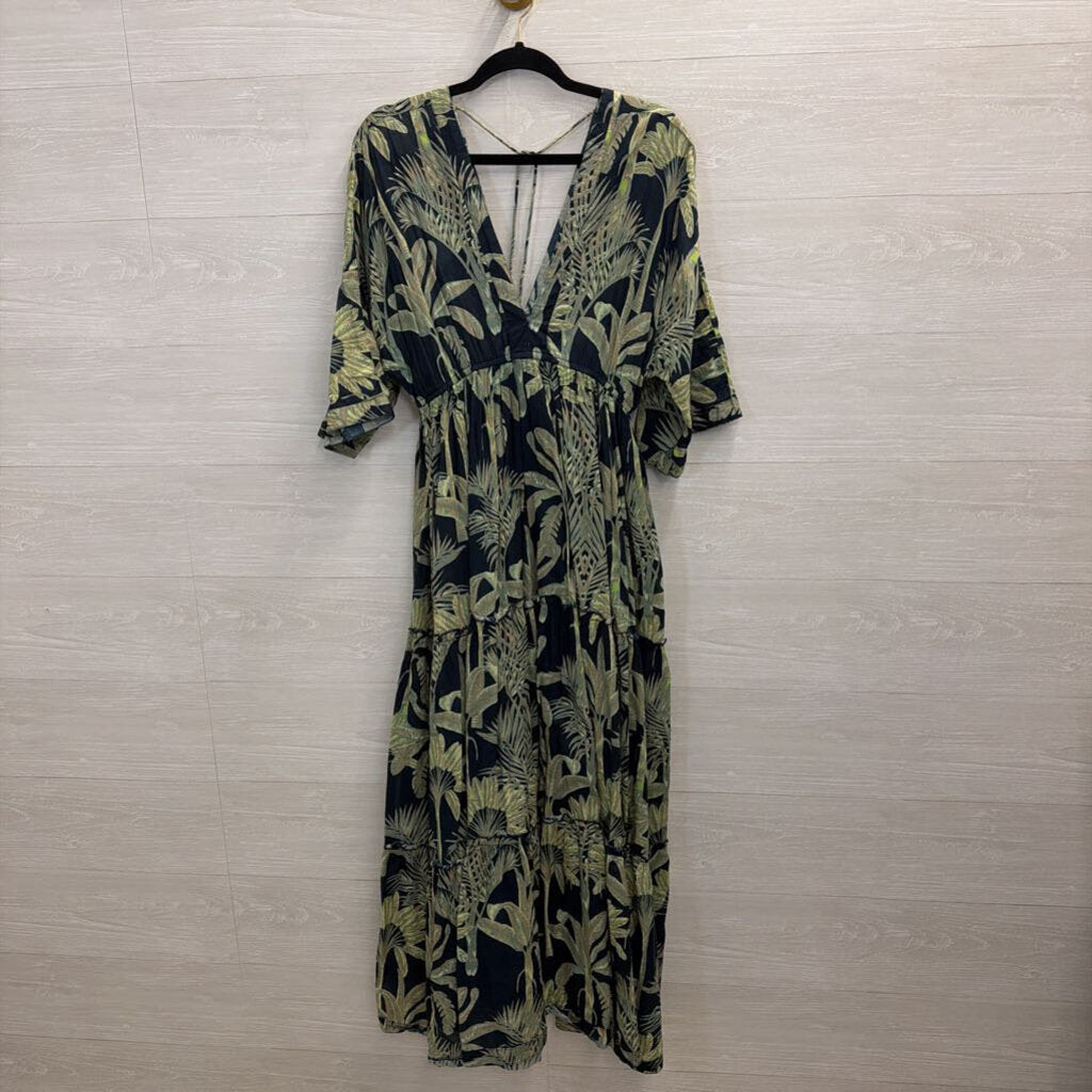 Haute Hippie Blue/ Green Print Long Sleeve Maxi Dress Large