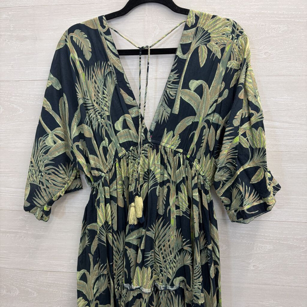 Haute Hippie Blue/ Green Print Long Sleeve Maxi Dress Large