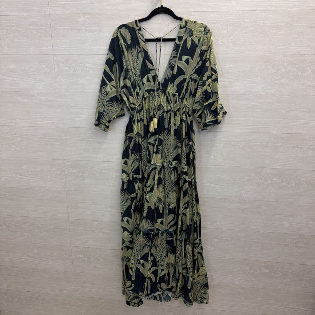 Haute Hippie Blue/ Green Print Long Sleeve Maxi Dress Large