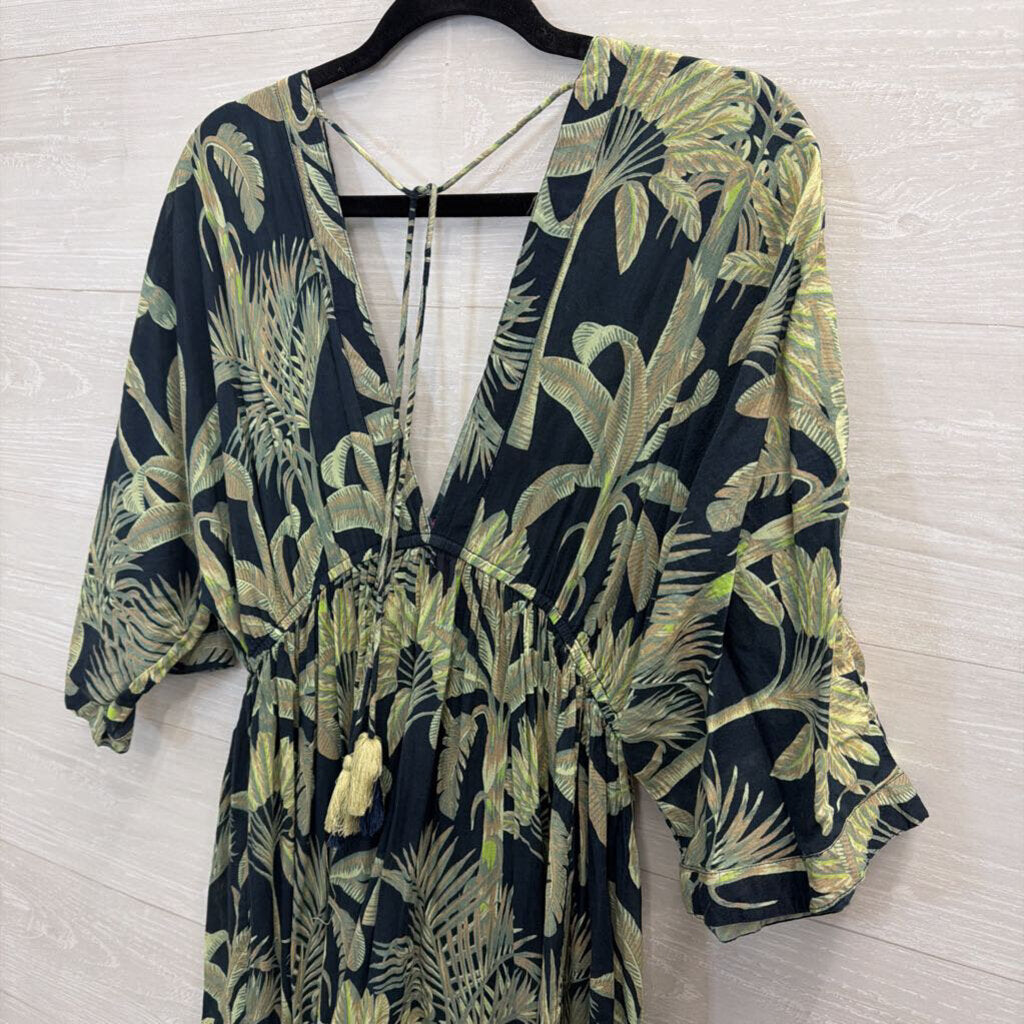 Haute Hippie Blue/ Green Print Long Sleeve Maxi Dress Large
