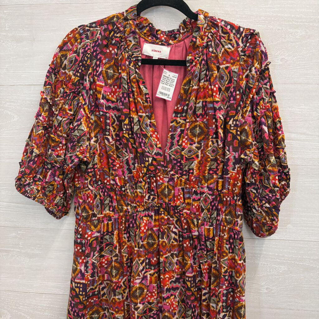 Xirena Pink/ Multi Print Short Puff Sleeve Maxi Dress Large