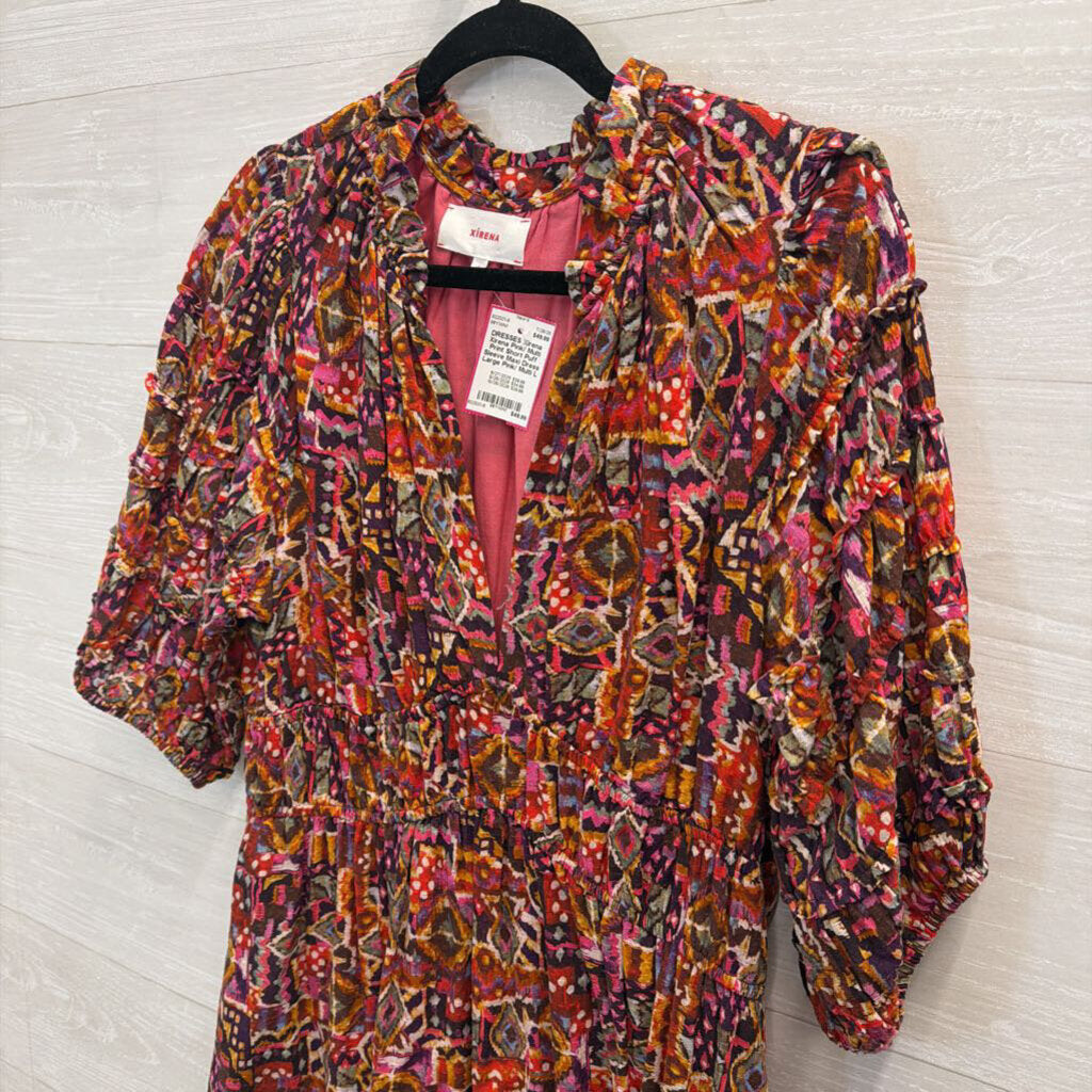 Xirena Pink/ Multi Print Short Puff Sleeve Maxi Dress Large