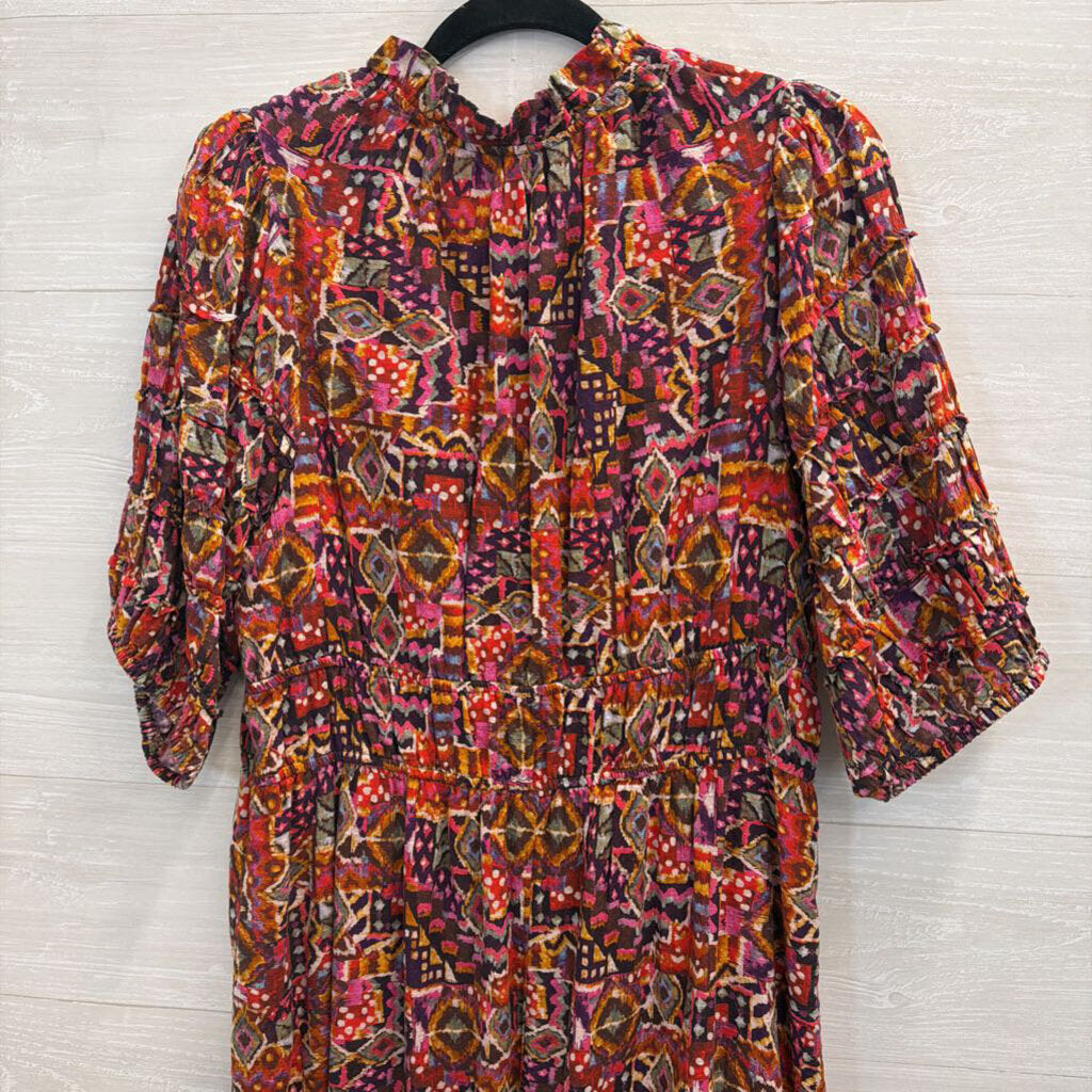 Xirena Pink/ Multi Print Short Puff Sleeve Maxi Dress Large