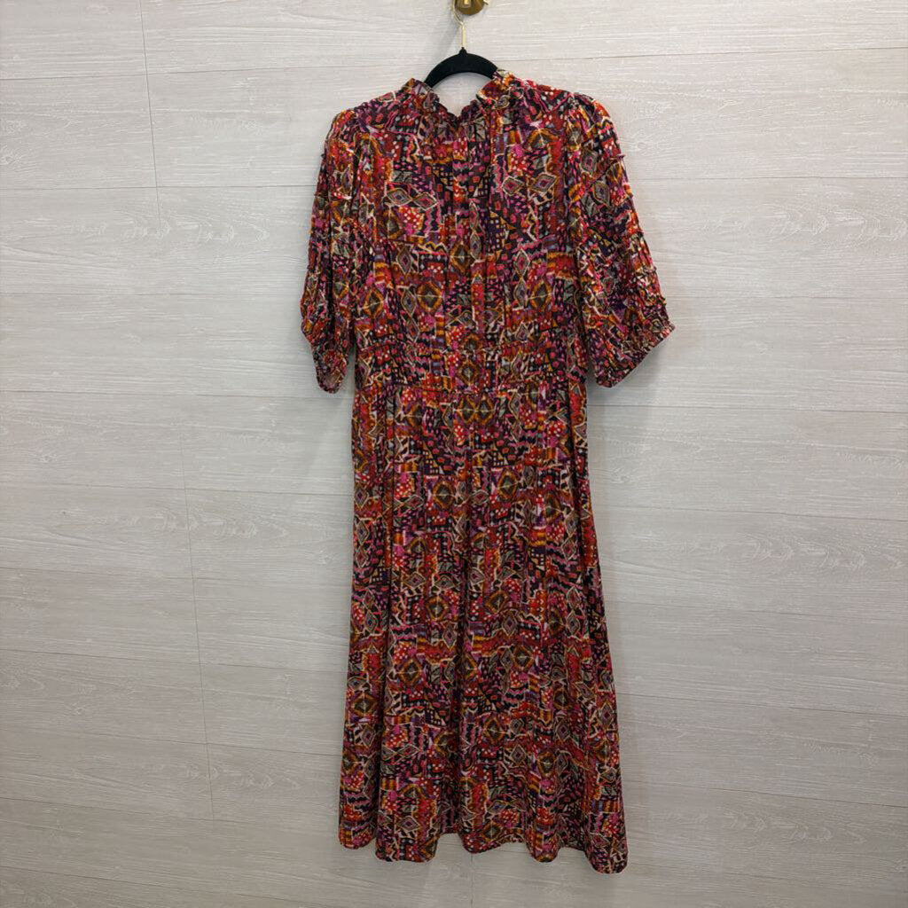 Xirena Pink/ Multi Print Short Puff Sleeve Maxi Dress Large