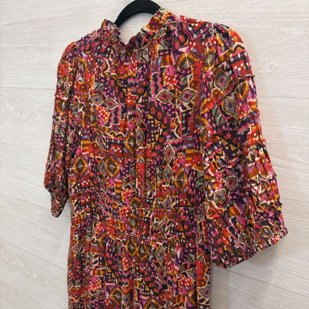 Xirena Pink/ Multi Print Short Puff Sleeve Maxi Dress Large