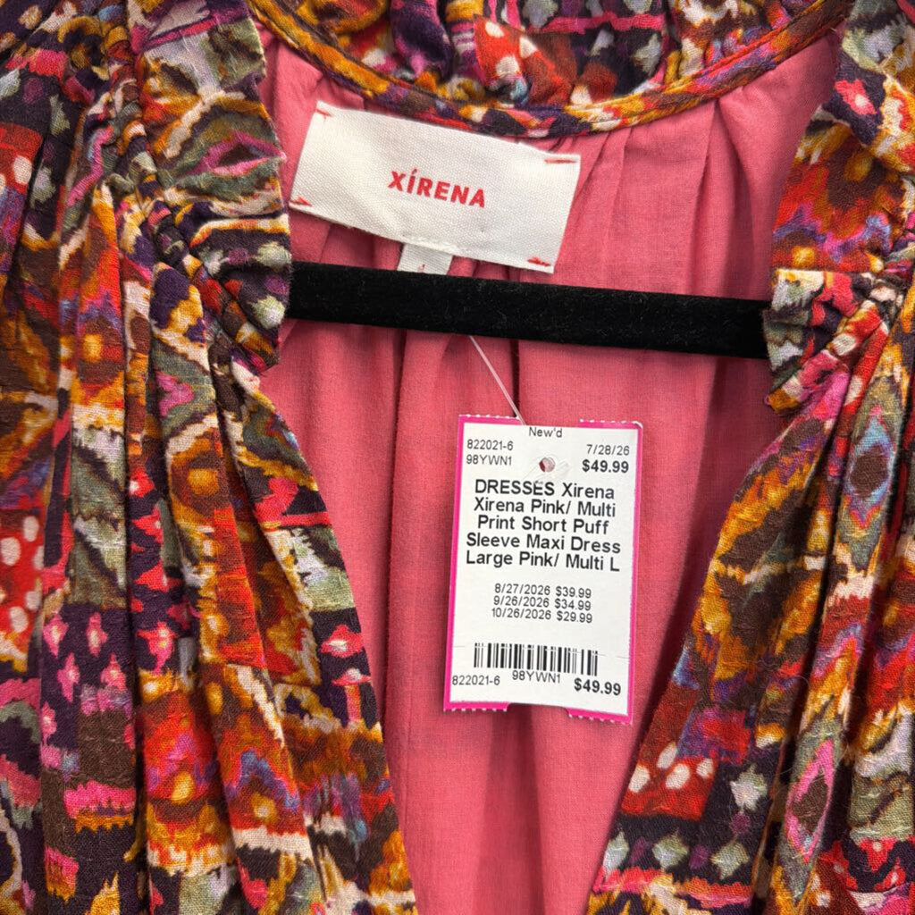 Xirena Pink/ Multi Print Short Puff Sleeve Maxi Dress Large