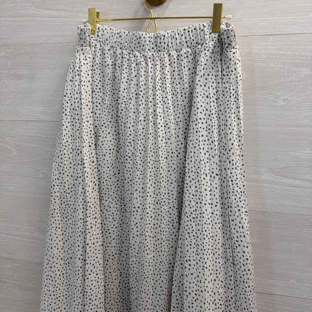 White/ Black Pleated Print Midi Skirt Large