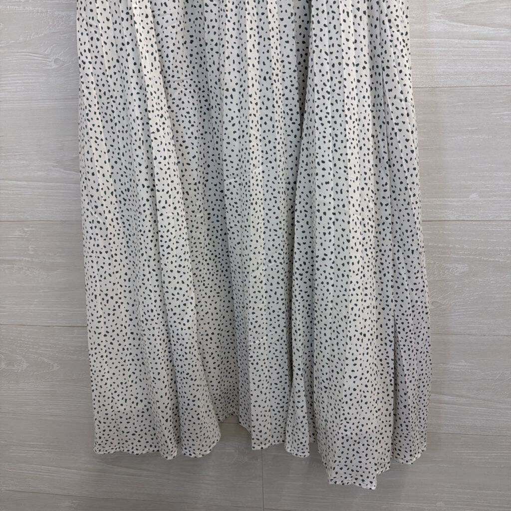 White/ Black Pleated Print Midi Skirt Large