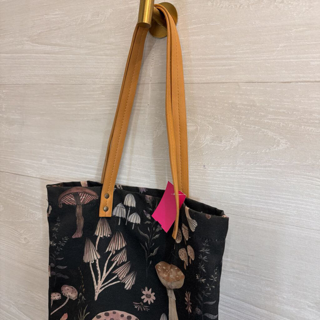 Black/ Multi Mushroom Print Tote Bag