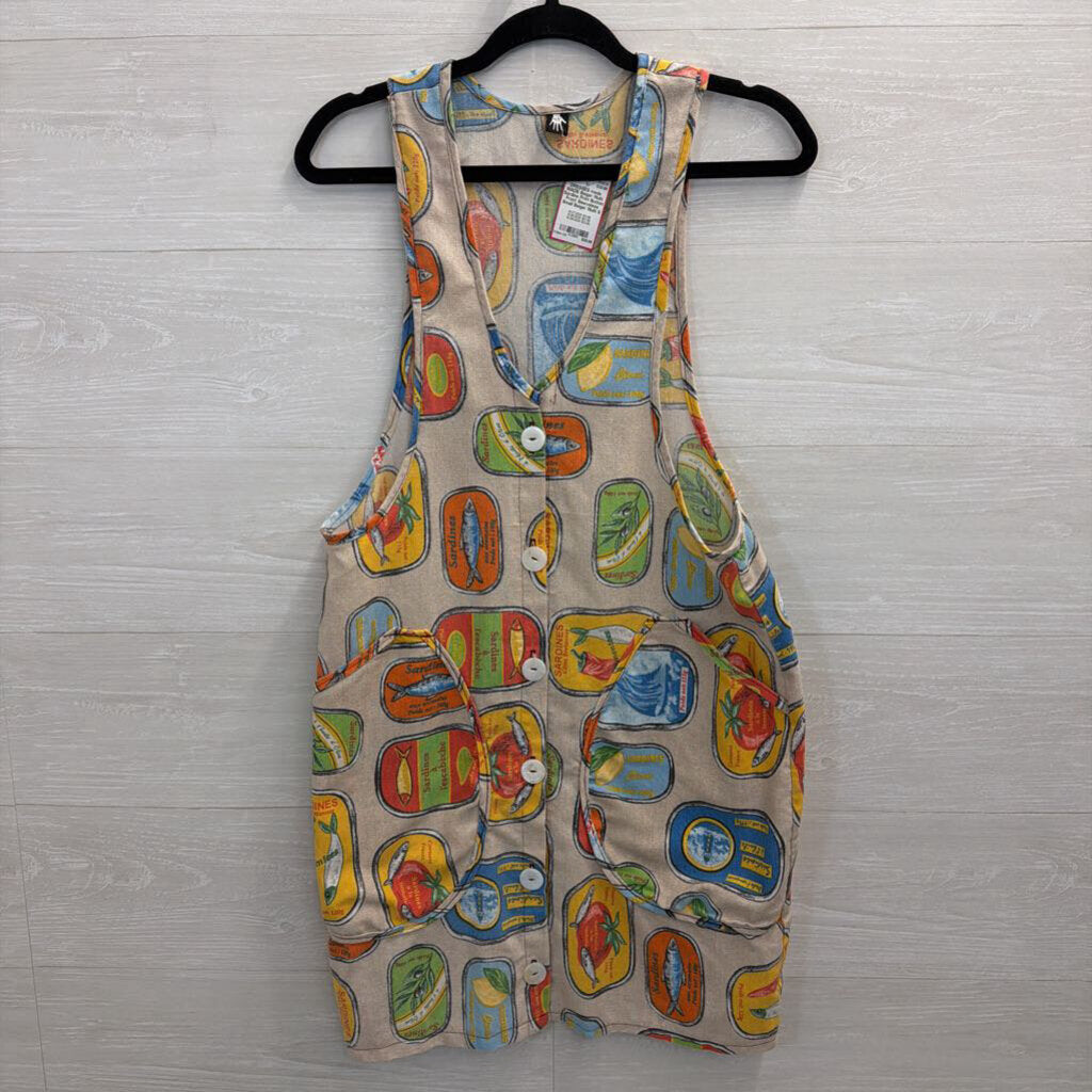 MADE Beige/ Multi Sardine Print Button Front Sleeveless Small