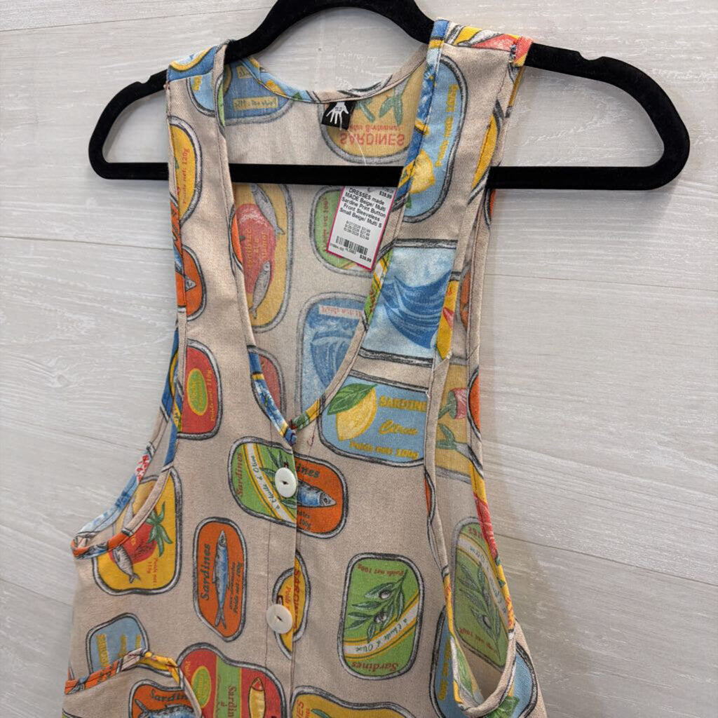 MADE Beige/ Multi Sardine Print Button Front Sleeveless Small